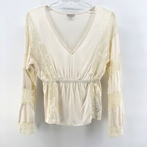 Guess Peplum Top Women Medium Cream Lace Inset V-Neck Long Sleeve